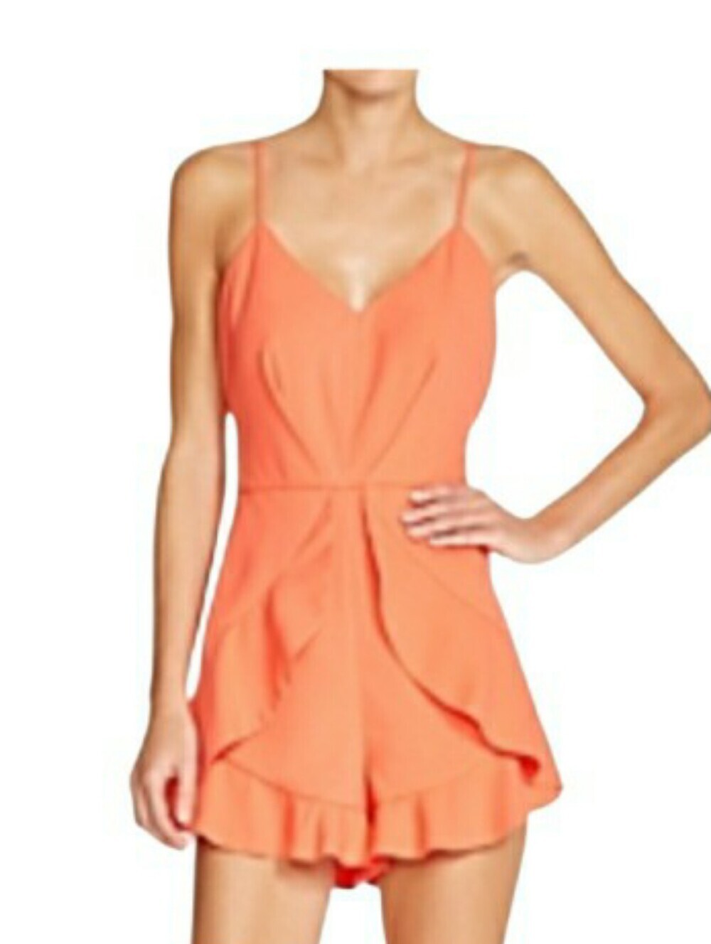 Mustard Seed Coral Ruffle Hem Spaghetti Strap Romper- S